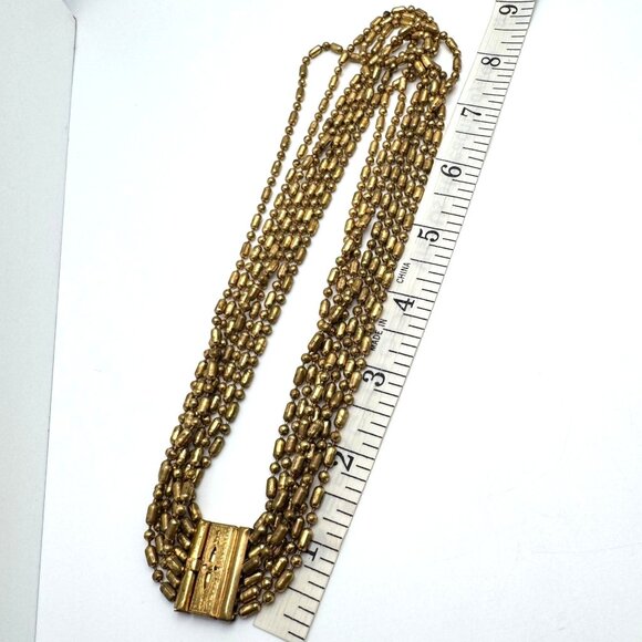 Vintage 7 Multi-Strand Gold-Tone Beaded Necklace With Intricate Clasp 16" - Picture 3 of 8